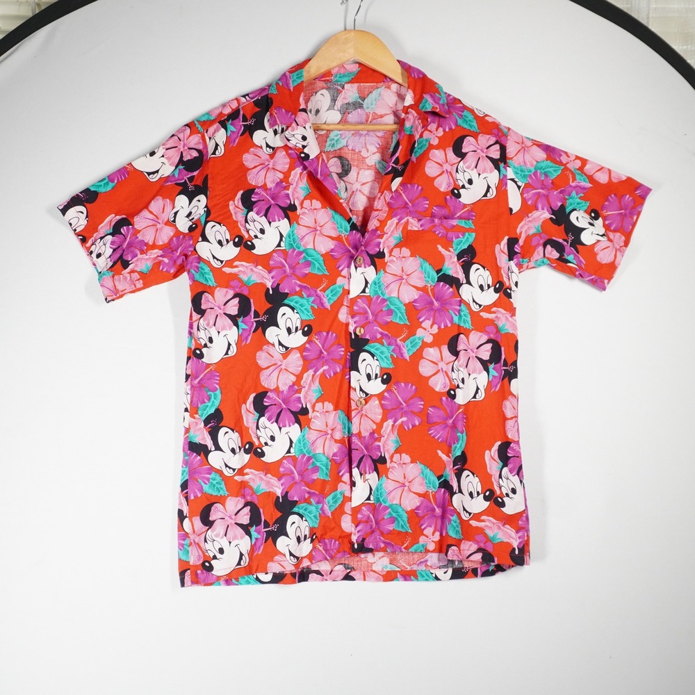 VTG Disney Button Up Shirt Womens L Red Barefoot in Paradise Tropical Hawaiian‎